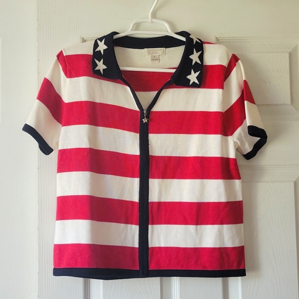 Patriotic novelty print vintage christopher & banks short sleeve zipper sweater